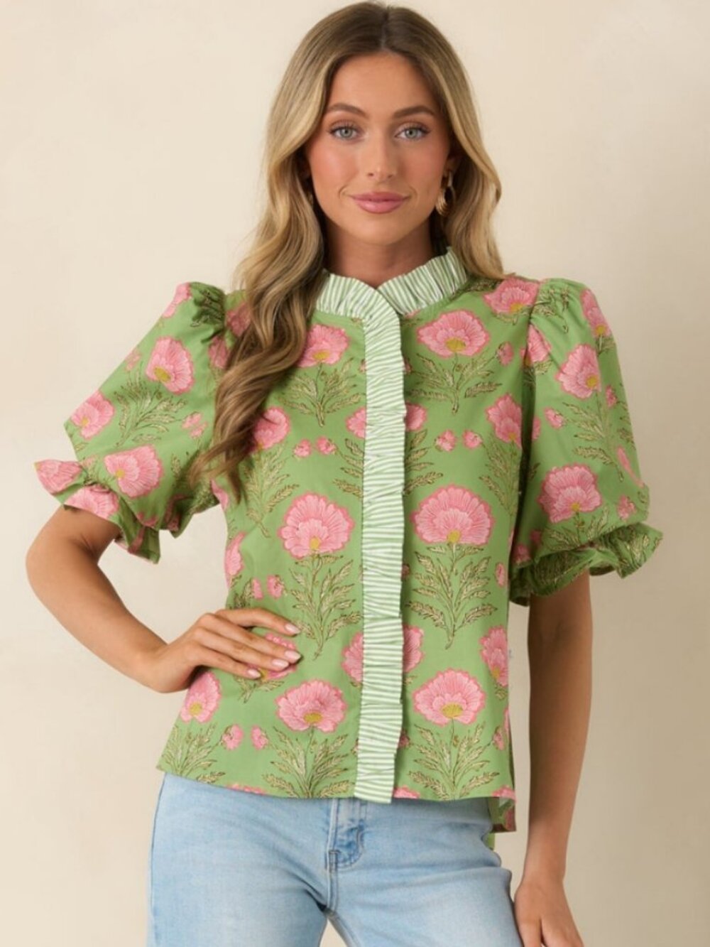 Entro Ruffle Collar Green & Pink Floral Puff Sleeve Top Medium NWOT